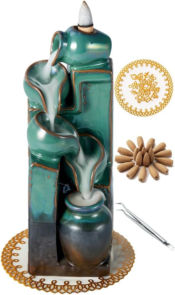 Unique Cascading Basins Ceramic Waterfall Incense Holder, Paired with a Pack of Backflow Incense Cones. (Blue) - Bloomnest