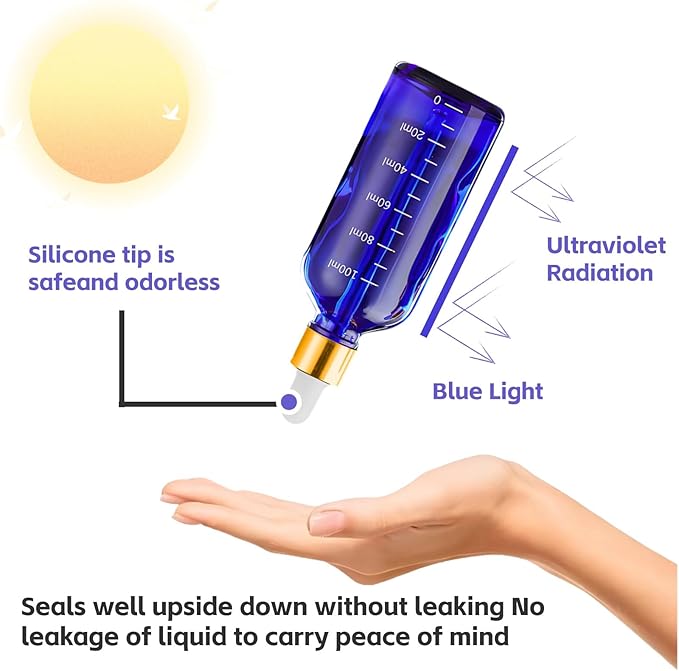 Blue Glass Dropper Bottle 3.4 oz, 2x100ml Blue Glass Eye Dropper Bottles for Essential Oils with Dropper Pipettes, Funnel, and A Plastic Measured Dropper for Diffuser, Beauty Oil Mix home