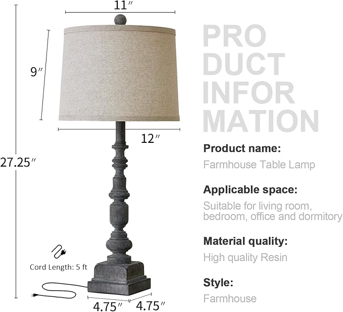 Oneach 27.75" Vintage Farmhouse USB A+C Table Lamps Set of 2 for Living Room Traditional Bedside Lamps for Bedroom Office Mid Century Table Lamp Antique Grey Accent Rustic Lamps for End Table - Bloomnest