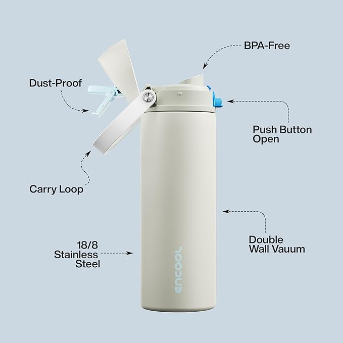 Insulated Water Bottle with Straw - Encool Stainless Steel Water Bottle with Push Button Lid, Leak-Proof & BPA-Free, Keeps Cold for 24 Hours for Sports, Travel, Gym (24 oz, Kangaroo Grey) ENCOOL