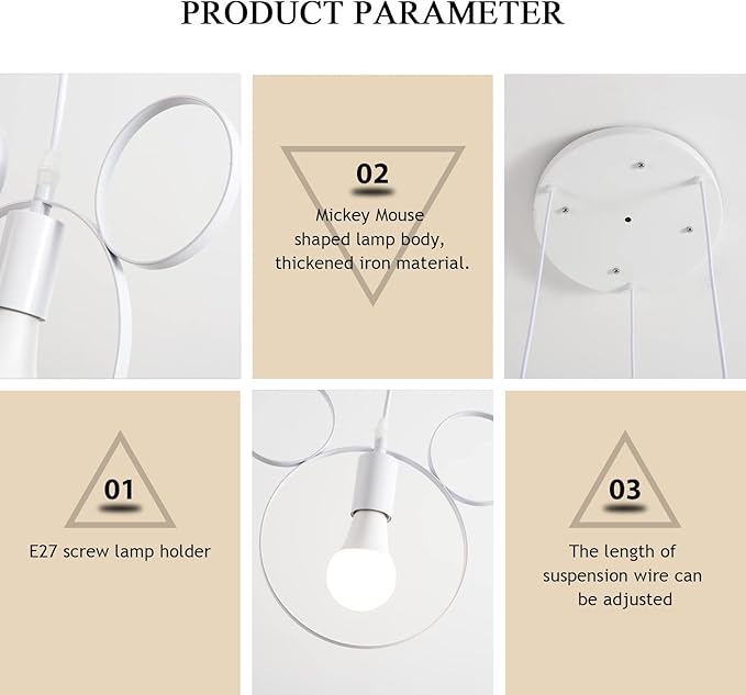 Cartoon Mouse Pendant Light Fixtures，3-Lights White Iron Chandelier Cute Fun Children's Bedroom Ceiling Lamp Shade Wrought Iron Hanging Lights for Kitchen Island Cafe Dining Room - Bloomnest