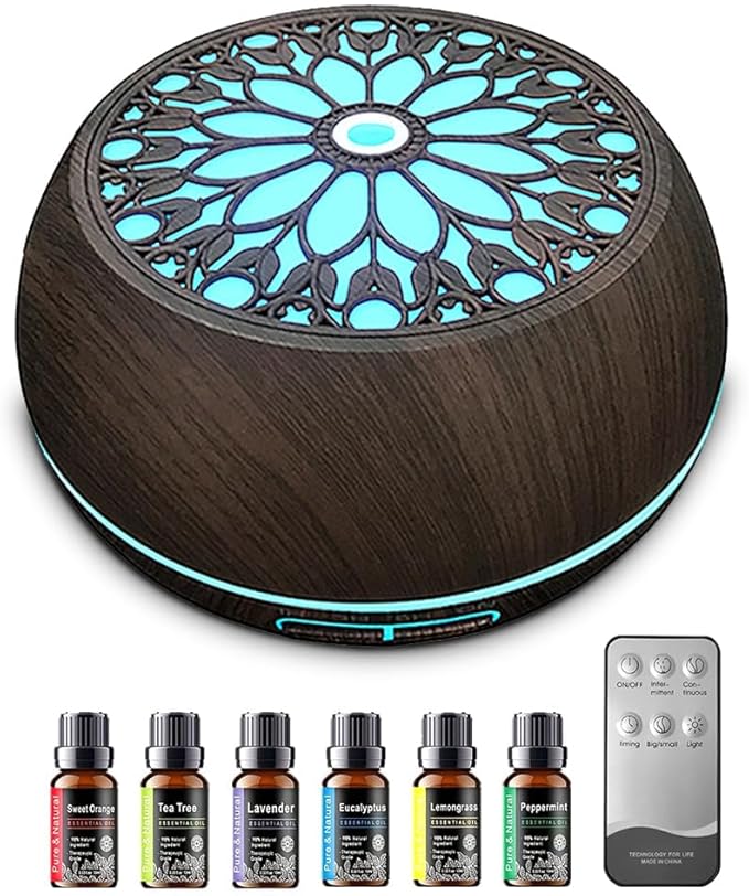 550ml Large Capacity Essential Oil Diffuser with 6 Aromatherapy Oils Set,Ultrasonic Air Humidifier with Timer and 7 Color LED Night Light Waterless Auto-Off Dark Wood Grain - Bloomnest