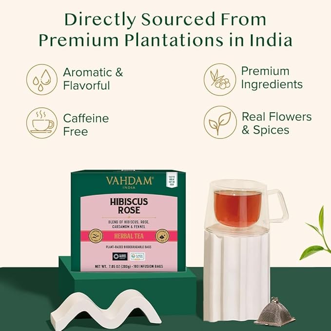 VAHDAM, Hibiscus Rose Tea Bags - 100% Whole Hibiscus Flowers Herbal Tea Bags (100 Count) With Rose, Chamomile & Exotic Spices | Caffeine Free, Floral Flavor Tisane | Resealable Ziplock Pouch - Bloomnest