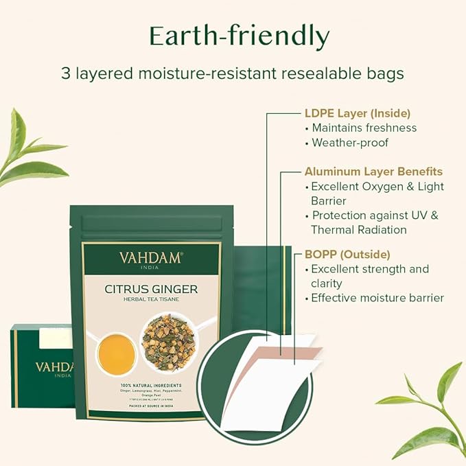 VAHDAM, Citrus Ginger Herbal Tea Tisane (50 Cups, 3.53 oz) Gluten Free, Non GMO | Ginger, Lemongrass, Orange Peels, Mint | Herbal Tea Loose Leaf | Vacuum Sealed Pack - Bloomnest