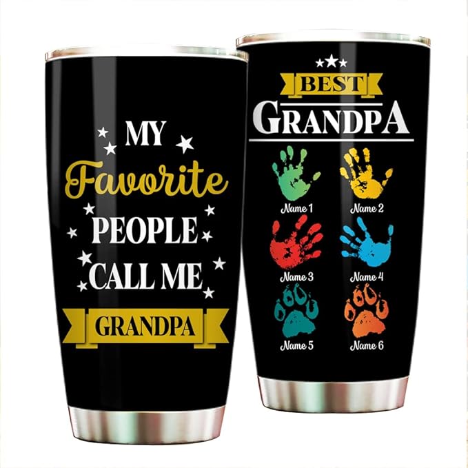 Personalized Best Grandpa, Grandma Colorful Handprint Tumbler Cup with Grandkids Names, Gift For Grandparents, Grandmother, Grandfather Birthday 20oz 30oz Insulated Coffee/Tea Mug with Lid - Bloomnest