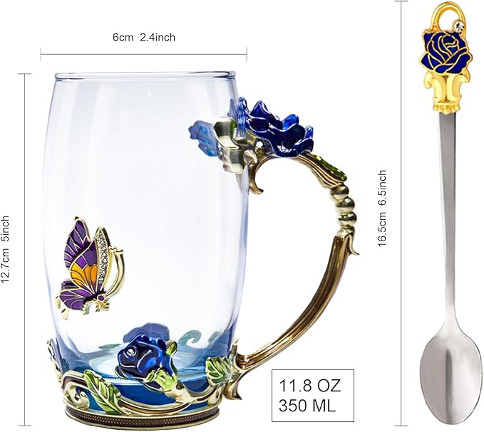 Flower Tea Cup ,Butterfly Rose Clear Glass Fancy Coffee Mug with Spoon,Gift Box for Her Mom Wife Grandma Girls Friends Valentines Christmas Birthday Present Idea for Juice,Hot And Cold Drinks Use - Bloomnest