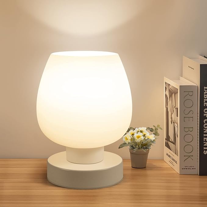 Touch Bedside Table Lamp - Modern Small Lamp for Bedroom Living Room Nightstand, Desk lamp with White Opal Glass Lamp Shade, Warm LED Bulb, 3 Way Dimmable, Simple Design - Bloomnest