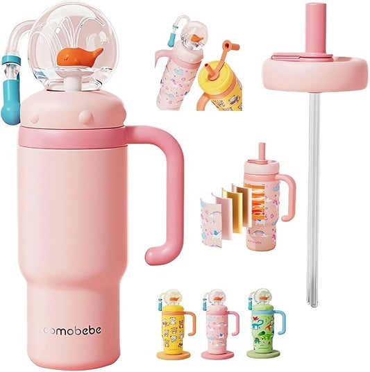 Stainless Steel Whale Fountain Tumbler with Handle 2025 Drinking Cup with Whale Squirt Insulated Travel Tumblers Kids Weighted Sippy Cup No Spill Cute Water Bottle with Lids and Straws Leak Proof (A5) - Bloomnest