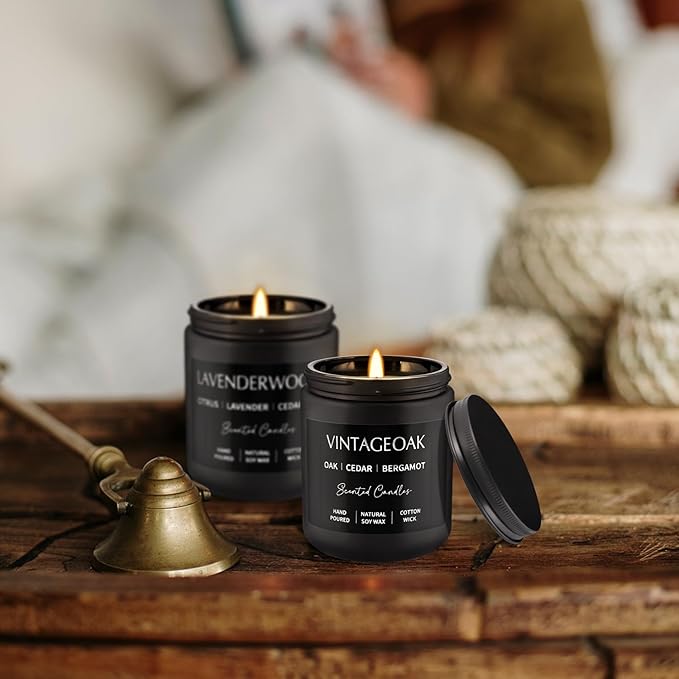 Scented Candles Gift Set - 4 Pack (7oz Each) Soy Wax Aromatherapy Candles with Essential Oils, Smokeless - Leather & Smoke, Vanilla Oakmoss, Lavender - Relaxing Fragrance for Home, Office, Yoga - Bloomnest