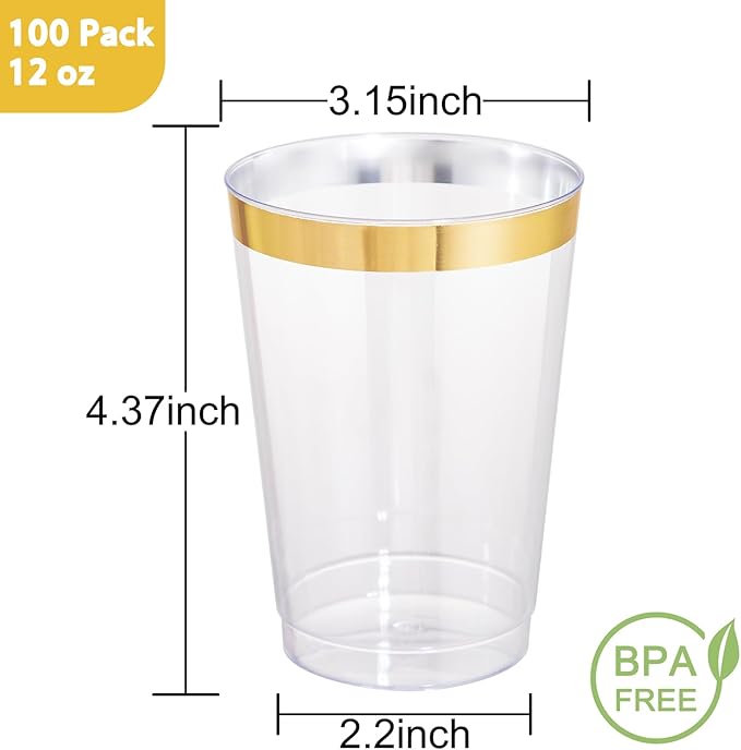 I00000 100 Pack 12 oz Gold Plastic Cups, Gold Rimmed Disposable Cups, Disposable Wine Glasses Cocktail Glasses Premium Cup with Golden Rim, 12 Ounce Plastic Tumblers for Party & Wedding - Bloomnest