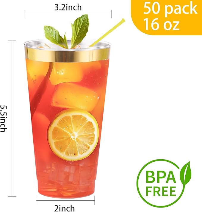 I00000 16 oz Gold Plastic Cups, 50 Pack Clear Plastic Cups Tumblers Gold Rimmed Disposable Cup, Heavy-duty Disposable Cup Perfect for Halloween, Thanksgiving and Christmas Parties - Bloomnest