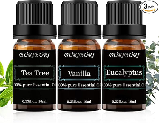 BURIBURI Tea Tree, Eucalyptus and Vanilla Essential Oil Set, 100% Pure 3Pcs Essential Oils Gift Set for Diffusers BURIBURI