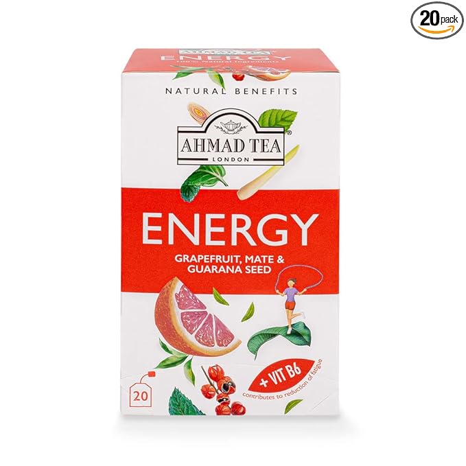 Ahmad Tea Herbal Tea, Grapefruit, Mate, Guarana Seed, & Vitamin B6 'Energy' Natural Benefits Teabags, 20 ct (Pack of 1) - Caffeinated & Sugar-Free - Bloomnest