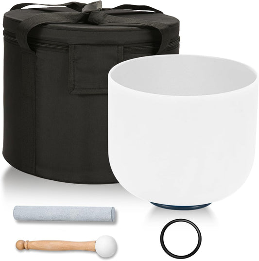 432HZ 8 Inchs B Note White Frosted Crystal Singing Bowl for Meditation Healing Yoga Chakra Quartz Crystal Sound Bowls with Heavy Duty Carry Case and Rubber Mallet,Suede Striker,O-rings