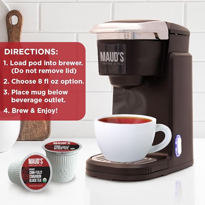 Maud's Organic Cinnamon Black Tea Pods, 22 ct, Recyclable Single Serve Tea Pods – 100% Gourmet Blended Tea Leaves, Compatible with Keurig K Cups Maker - Bloomnest