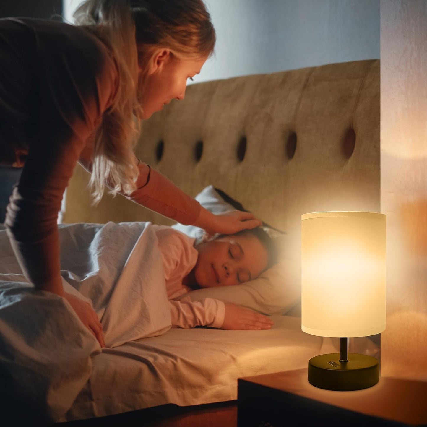 Small Bedside Lamp - Minimalist Table Lamp with Round Gray Fabric Shade - 9 Inch Desk Reading Lamp for Bedroom, Dorm, Living Room, Office - 1 Pack