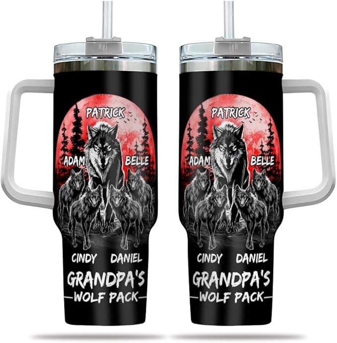 Custom Grandpa’s Wolf Pack Tumbler – Personalized Gift With Wolf Family and Grandkids’ Names – Red Moon Forest Design – Birthday or Father’s Day Mug - Bloomnest