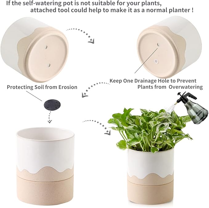 Nihow Self Watering Plant Pot: 6 Inch Ceramic Planter with Drainage Hole & Water Storage Plus for Indoor & Outdoor Plants - Cylinder Round Flower Pot for Succulent/Herbs/Violets - White & Nature - Bloomnest