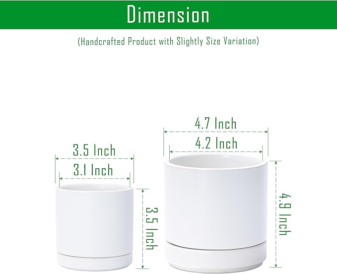 D'vine Dev 3.5 Inch & 4.7 Inch Ceramic Planter Pots for Plants with Drainage Hole and Saucer, X-Small Plant Pots Set, White, 94-G-XS-1 - Bloomnest