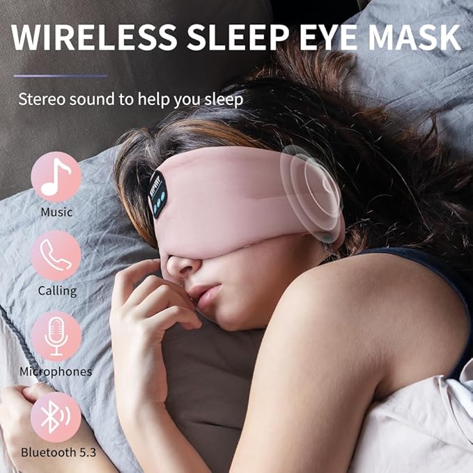 Sleep Mask Bluetooth 5.4 Headphones Soft Wireless Headband Eye Mask Blackout with Microphone (Pink) - Bloomnest