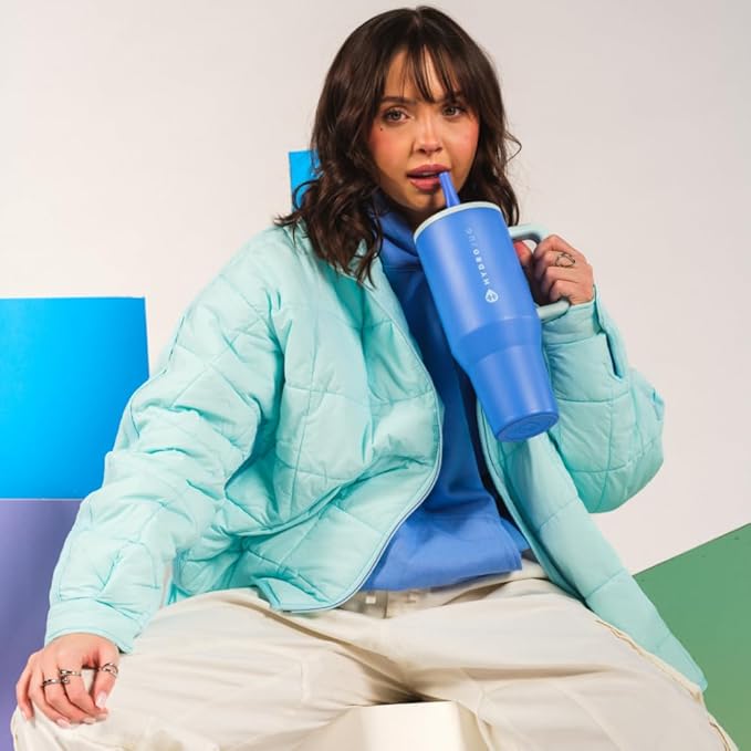 HydroJug Traveler - 32 oz Water Bottle with Handle & Flip Straw - Fits in Cup Holder, Leak Resistant Tumbler-Reusable Insulated Stainless Steel & Rubber Base - Gifts for Women & Men, Riptide - Bloomnest
