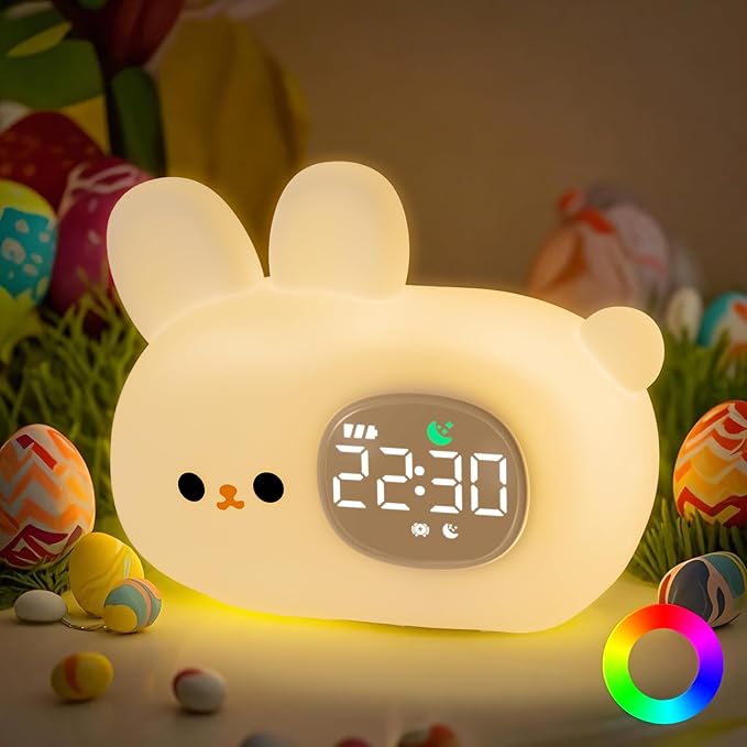 Bunny Alarm Clock with Night Light for Kids with Sleep Training and Sound Machine, Rechargeable Silicone Lamp OK to Wake Clock，Cute Animal Tabletop Lamp, Perfect Sleep Companion for Boys Girls - Bloomnest