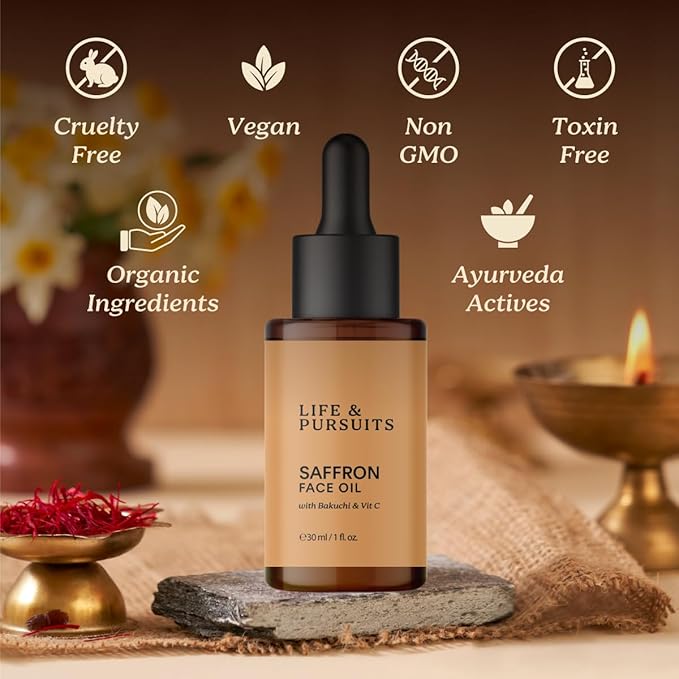 Life & Pursuits Saffron Face Oil 1 Fl Oz with Kashmir Saffron, Bakuchi, Vitamin C for Face Brightening, Moisturizing, Dark Spots, Fine Lines, Wrinkles. Lightweight Daily Face Massage oil | Anti-Aging - Bloomnest