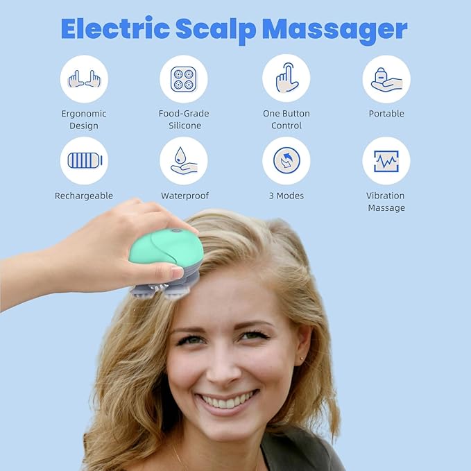 Electric Scalp Massager for Men Women, Handheld Cat Dog Pet Head Massager with 4 Massage Heads, 3 Speeds, Waterproof, for Hair Growth, Soothing Muscles Joints, Stress Relax(Green) Bloomnest