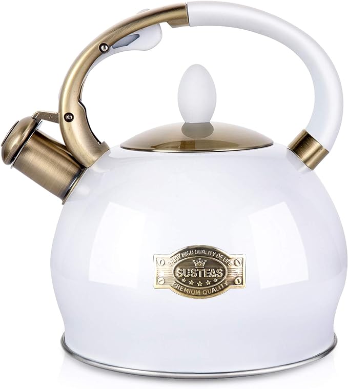 SUSTEAS Stove Top Whistling Tea Kettle - Food Grade Stainless Steel Teakettle Teapot with Cool Touch Ergonomic Handle, With 1 Silicone Pinch Mitt Included, 2.64 Quart(WHITE) - Bloomnest