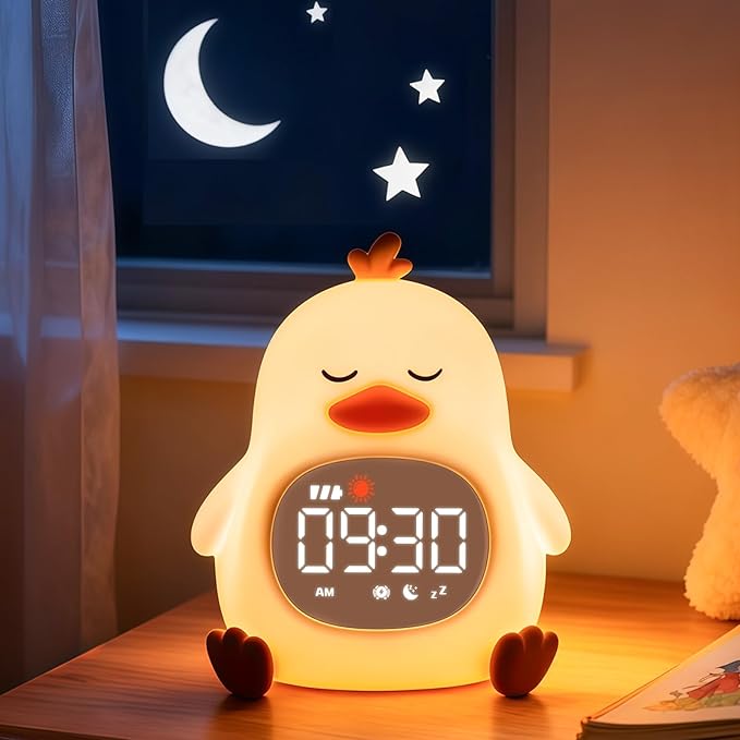 Sleepy Duck Alarm Clock with Night Light for Kids with Sleep Training and Sound Machine, Rechargeable Silicone Lamp OK to Wake Clock，Cute Animal Tabletop Lamp, Perfect Sleep Companion for Boys Girls - Bloomnest