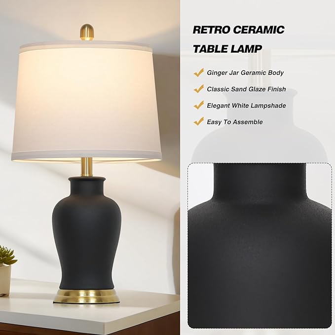 23" Modern Black Ceramic Table Lamps Set of 2, Farmhouse Table Lamps for Living Room, Classic Bedside Lamp with Ginger Jar Design, Elegant Bedroom Lamp for Night stand Desk Side End Table Home Decor - Bloomnest