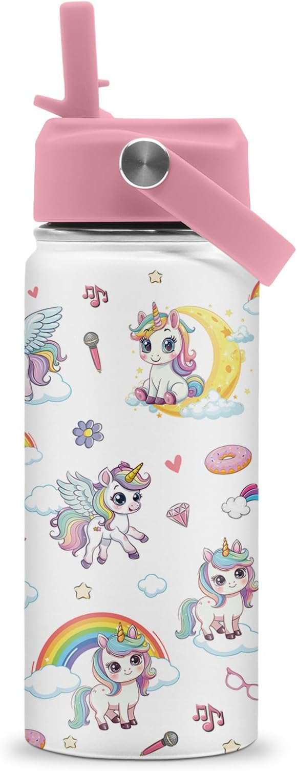 Unicorn Water Bottle, 16oz Unicorn Girls Stainless Steel Insulated Water Bottle with Straw Lid, Unicorns Cup Tumbler Birthday Gifts for Kids Teen Girls School - Bloomnest