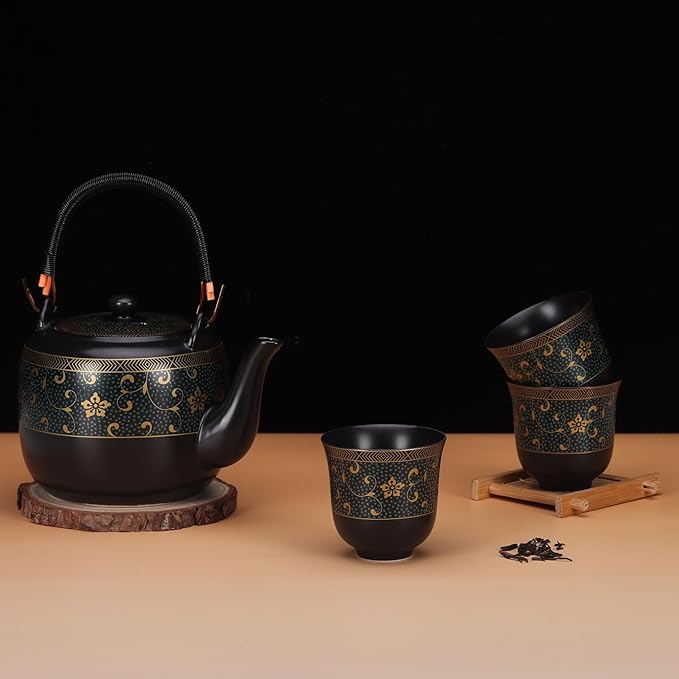 Handmade Japanese Ceramic Tea Set-Traditional Asian Design with Modern Convenience,Includes 1 Teapot,6 Cups,Tea Tray and Stainless Infuser, Perfect for Tea Enthusiasts and Collectors (Design2) - Bloomnest