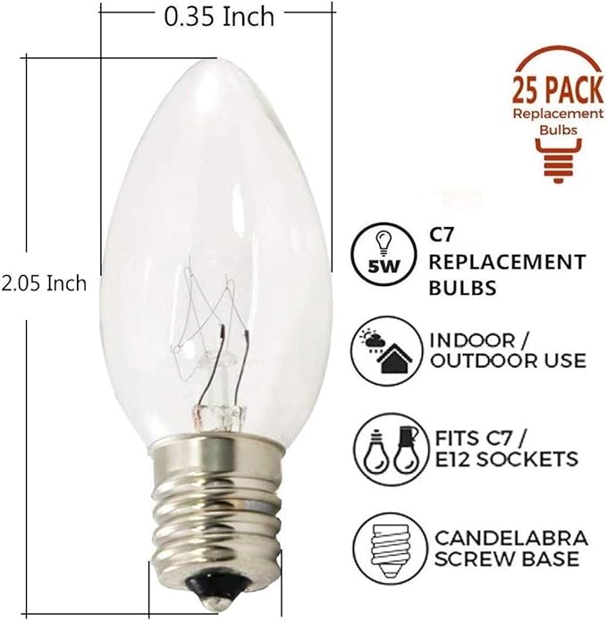 SUNSGNE 25 Pack C7 Clear Replacement Bulbs Christmas Light Bulbs, Outdoor Patio String Light Bulbs, C7 Night Light Replacement Bulbs, E12/C7 Candelabra Base, 5 Watt- Clear - Bloomnest