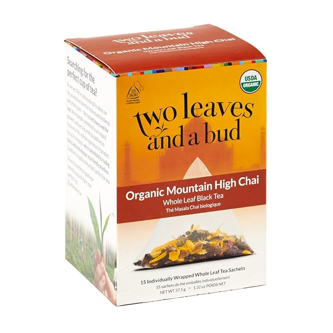Two Leaves and a Bud Organic Mountain High Chai Tea Bags, Whole Leaf Black Tea and Spices in Compostable Sachets,15 Count (Pack of 1) - Bloomnest