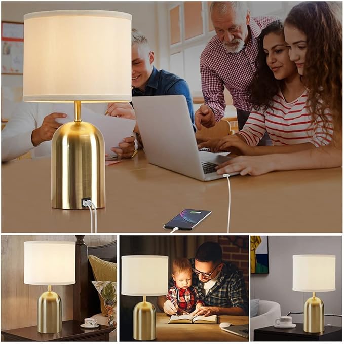 GyroVu Touch Control Table Lamps Set of 2, Gold Bedside Table Lamps for Bedroom Living Room Office, Modern 3 Way Dimmable Desk Lamp for Nightstand with 2 USB Charging Ports, 2 Bulbs Included - Bloomnest