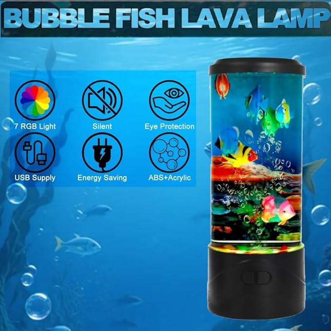Toycol Bubble Fish Lamp, Ocean Theme Mini Aquaruim Light with 7-Color Changing, with 7 Fake Fish, USB Powered Night Light, Kids Room Decor, Great Gift for Children and Adults - Bloomnest
