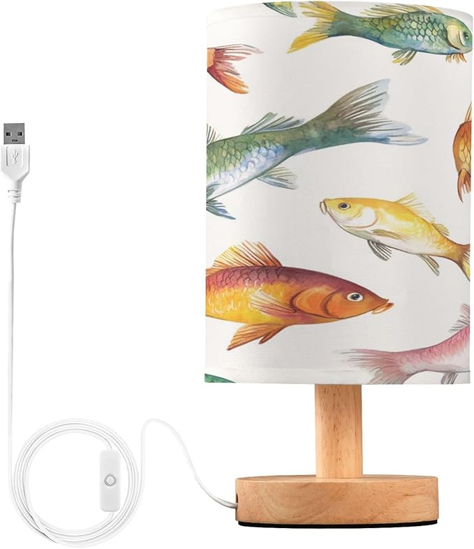 Fishing Watercolor Table Lamp with USB Port Night Light Bedroom Lamps for Nightstand Living Room Dorm Home Office Desk - Bloomnest