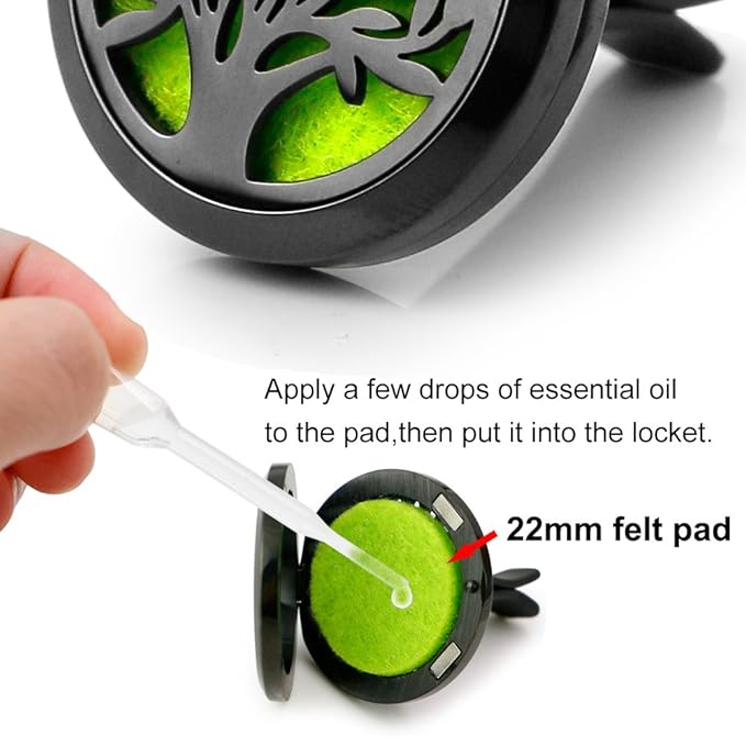 2PCS Tree of Life Car Diffuser Aromatherapy Essential Oil Black Stainless Steel Locket with Vent Clip 12 Felt Pads - Bloomnest