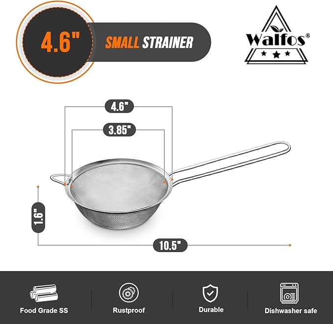 Walfos 4.6 Inch Fine Mesh Strainer, Premium Stainless Steel Colanders and Sifters, with Reinforced Frame and Sturdy Handle, Perfect for Sift, Strain, Drain and Rinse Vegetables, Pastas and Tea - Bloomnest