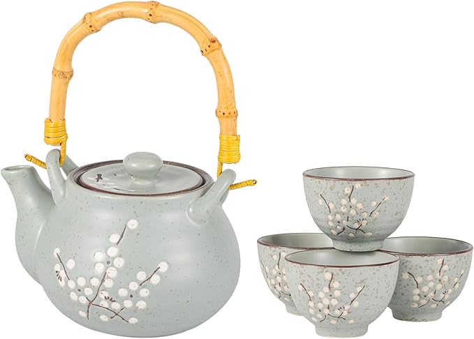 Japanese Plum Blossom Design Tea Set 27 fl oz Teapot with 4 Cups Serving Home Decor Asian Fusion Housewarming Decor (Blue) - Bloomnest
