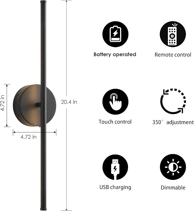 Battery Operated Wall Sconces, Dimmable Wall Sconces Set of Two, 350°Rotate, 3000K LED Black Wireless Wall Light for Living Room, Bedroom,Hallway, 20.4 Inch (2 Pack) - Bloomnest