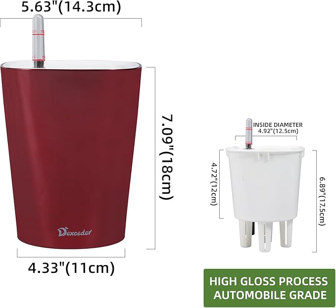 Dexceder 6x7 Self Watering Planter Indoor Outdoor, High Gloss Table Flower Plant Pot with Water Level Indicator (Wine Red) - Bloomnest