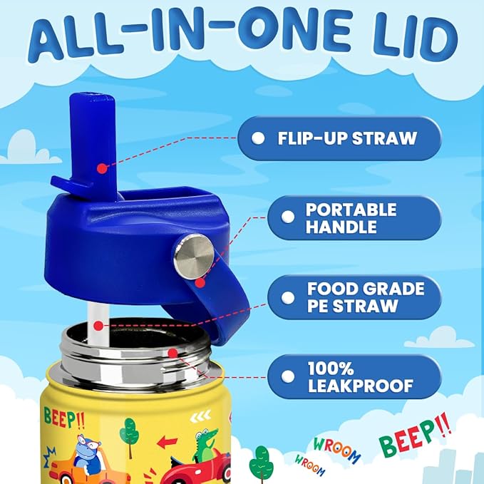 Kids Water Bottle with Straw Lid - 12 Oz Insulated Stainless Steel Vehicle Cars Water Bottles for Kid Boys - Travel Cup for School Sports - Bloomnest