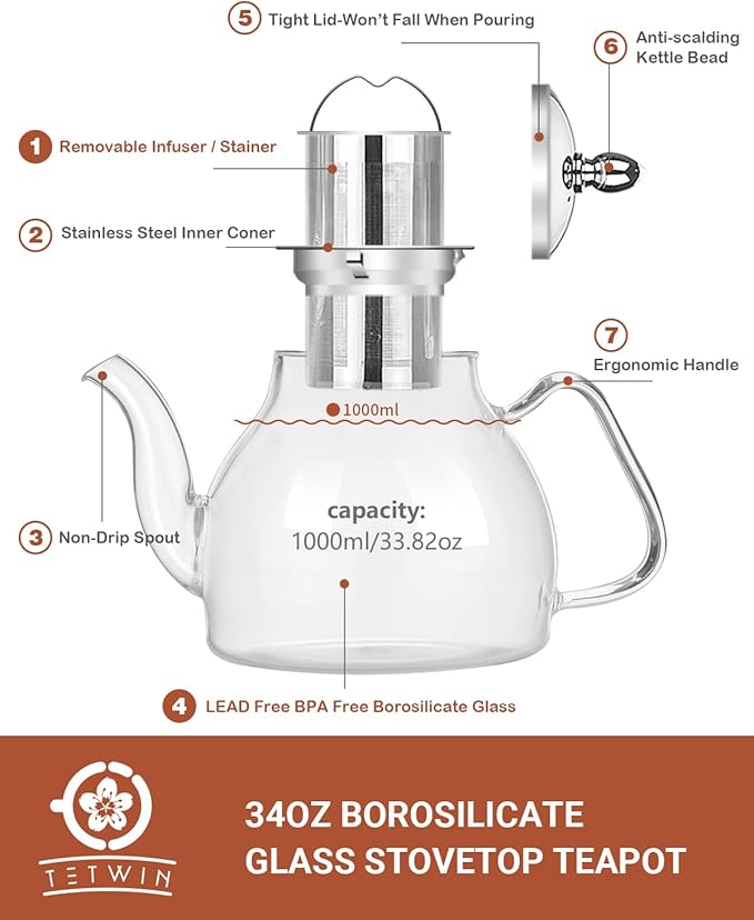 TETWIN Glass Teapot Including 6 Blooming Flower Tea Balls, Stovetop Safe Tea Pot with Removable Infuser for Loose Leaf Tea, 1000ml / 33.8oz - Bloomnest