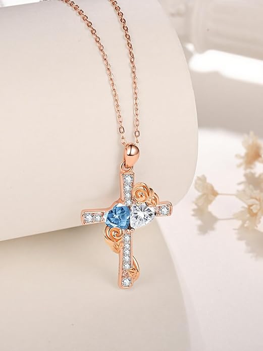 Rose Gold Dual Birthstones Cross Necklace for Women Rose Flower Jewelry Anniversary Christmas Mother's Valentine's Day Birthday Gift for Wife Girlfriend Mom - Bloomnest