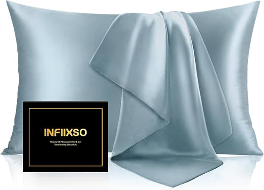 INFIIXSO Mulberry Silk Pillow Cases King Size Set of 2, Silk Pillowcase with Hidden Zipper 20"x36", Extraordinary Smooth and Soft Pillow Case for Hair and Skin(Airy Blue, 2 Pack) - Bloomnest