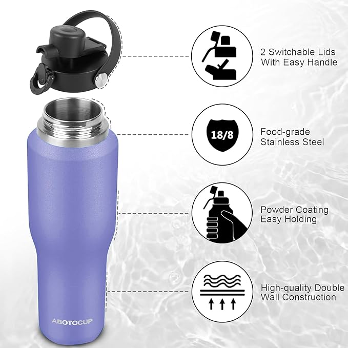 32oz Black Water Bottle Stainless Steel, Keep Cold 24H&Hot 12H, Water Bottle with Straw&Spout Lids, Insulated Water Bottle Double Wall Vacuum, Fit in Any Car Cup Holder, Leak-proof BPA Free - Bloomnest