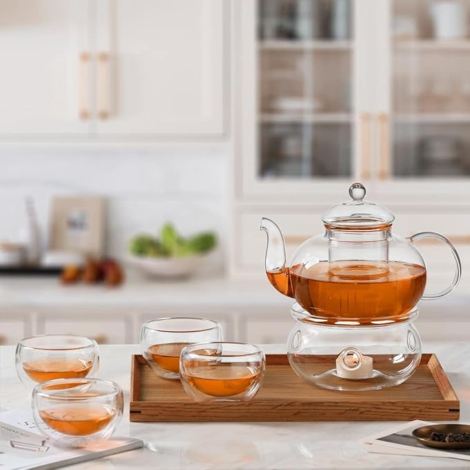CnGlass 33.8oz Glass Teapot with Removable Infuser,Stovetop Safe Tea Kettle with Glass Tea Warmer 5.3 in/13.5cm Diameter - Bloomnest
