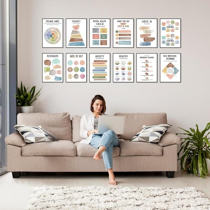 Qaxrocyn 12 Pcs Mental Health & Emotional Regulation Poster for Anxiety Relief & Self Care, 10 * 14″ Colorful Psychological Wellness Wall Art Decor for Office Classroom Home Counseling (Style A) - Bloomnest